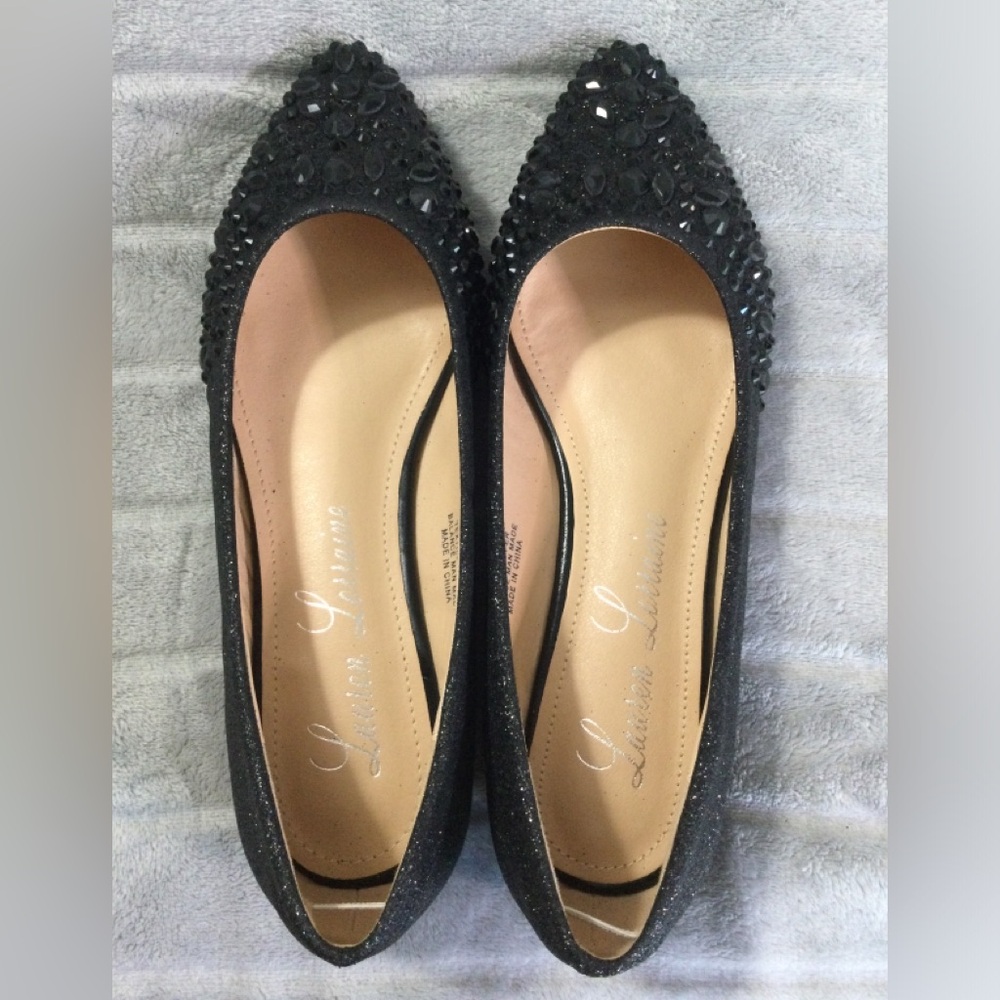 Lauren Lorraine Black Embellished Pointed Toe Ballet Flats Size 8 - Picture 3 of 11